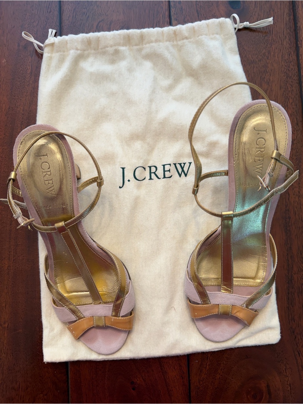 J. Crew Pink and Gold T-Strap Heels
